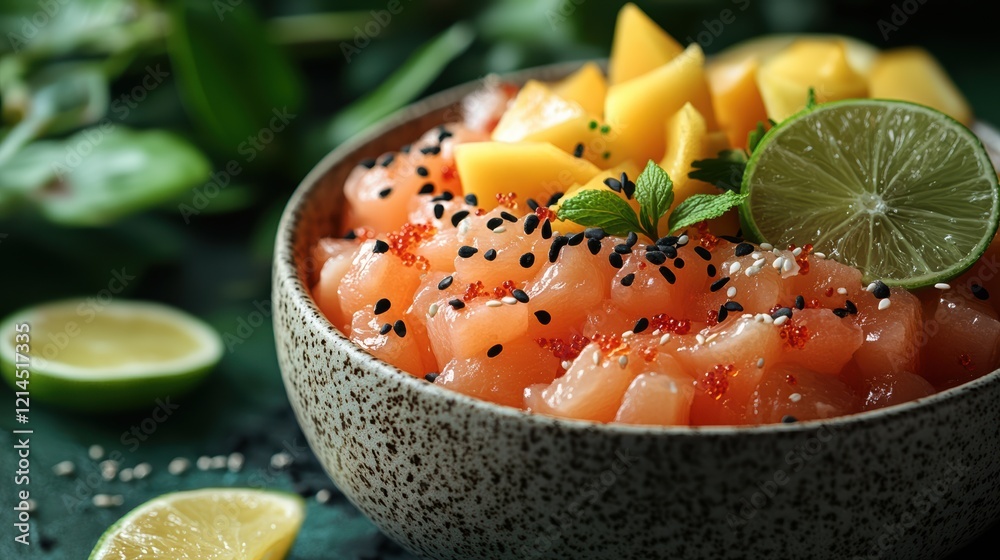 A beautifully arranged poke bowl features fresh salmon cubes topped with ripe mango, lime wedges, and a sprinkle of sesame seeds. Vibrant greens complement the dish A beautifully arranged poke bowl features fresh salmon cubes topped with ripe mango, lime wedges, and a sprinkle of sesame seeds. Vibrant greens complement the dish
