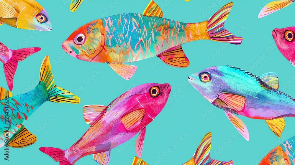 A pattern of colorful fish swimming on a teal background.