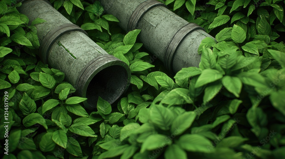 Two weathered pipes lie amidst lush green foliage, showcasing a blend of nature and industrial elements. Two weathered pipes lie amidst lush green foliage, showcasing a blend of nature and industrial elements.
