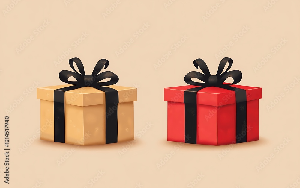 Obraz premium Two gift boxes, tied with black ribbons, on a beige background. Possible use stock image for Christmas or gift-related designs