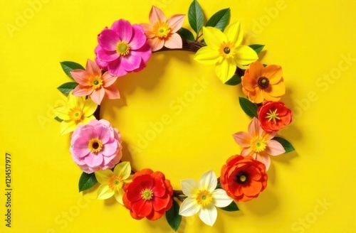 Colorful flowers form a cheerful wreath against a bold yellow backdrop, showcasing vibrant petals and greenery photo