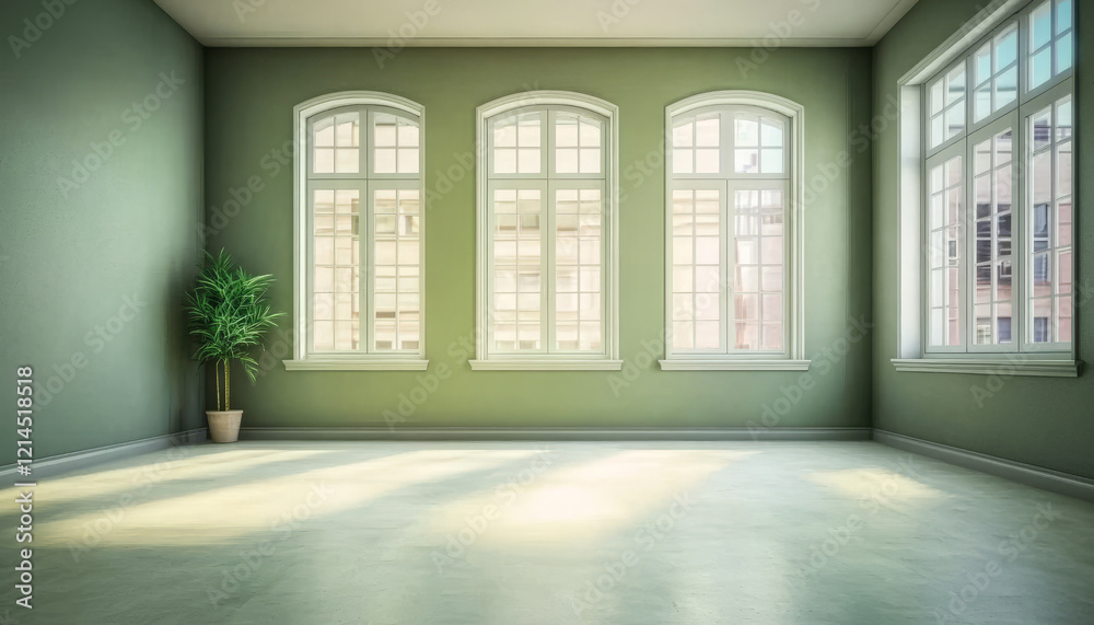 Fototapeta premium Bright and spacious empty room with large windows and green walls