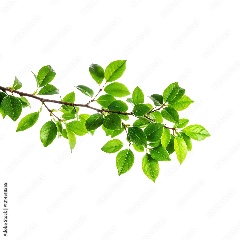 Vibrant Green Branch with Lush Leaves Against White Background Vibrant Green Branch with Lush Leaves Against White Background