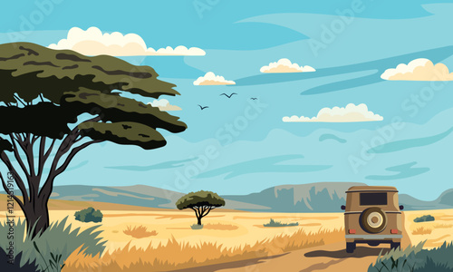 Cartoon African safari landscape. Savannah adventure. Automobile tourism. Explore expedition trip. Tourists in vehicle. Nature panorama. Vector illustration banner