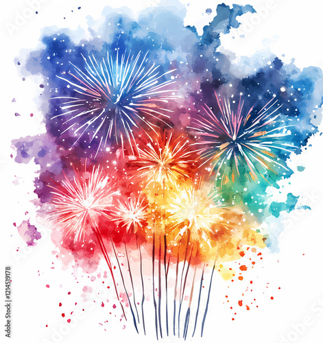 Colorful fireworks explode in vibrant watercolor display, celebrating joy