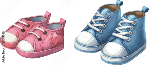 Watercolor Painted Vector Illustration of Two Pairs of Boys’ and Girls’ Baby Shoes