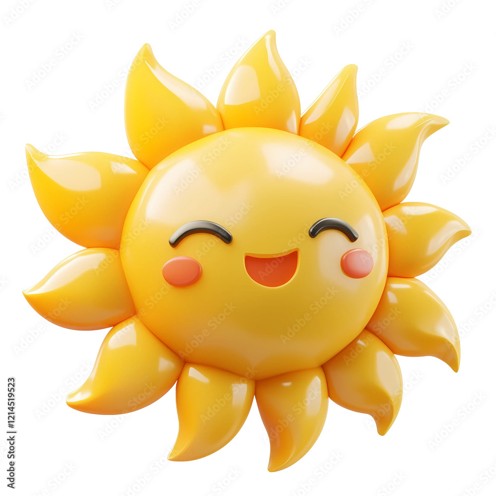 Smiling Summer Sun Character, 3D render, emoticon, isolated on solid white Smiling Summer Sun Character, 3D render, emoticon, isolated on solid white