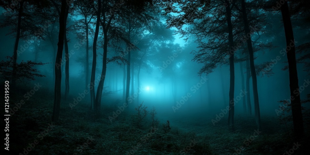 Obraz premium A quiet, misty forest under the moonlight, exuding mystery. Ideal for nature themes, storytelling, and atmospheric designs.