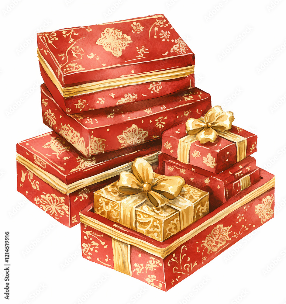 Decorative red and gold gift boxes stacked for celebration