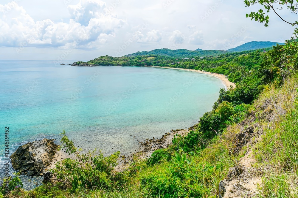 Idyllic tropical clear sea and green island panorama with sand beach and calm turquoise water. Idyllic tropical clear sea and green island panorama with sand beach and calm turquoise water.