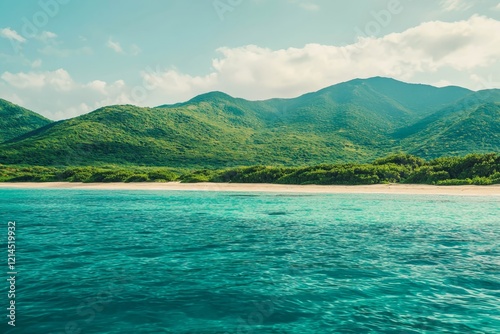 Wallpaper Mural Idyllic tropical clear sea and green island panorama with sand beach and calm turquoise water. Torontodigital.ca