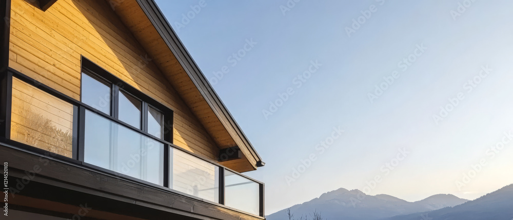 Fototapeta premium Modern wooden house with a balcony overlooking mountain landscape during sunset