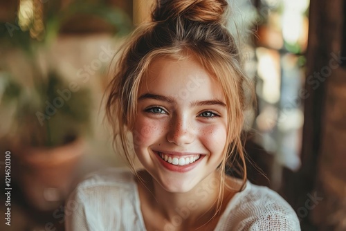Indoor shot of cheerful young girl wearing hair bun.