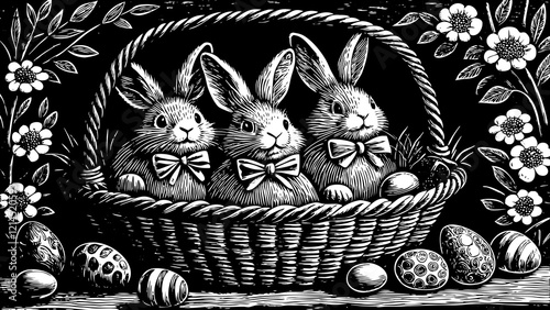 Three Adorable Rabbits with Bows in a Vintage Easter Basket