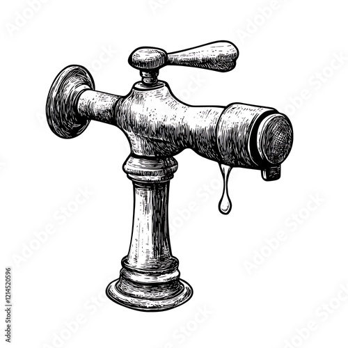 Vintage hand drawn water faucet, dripping. Possible use for plumbing design, vintage aesthetic, water conservation photo