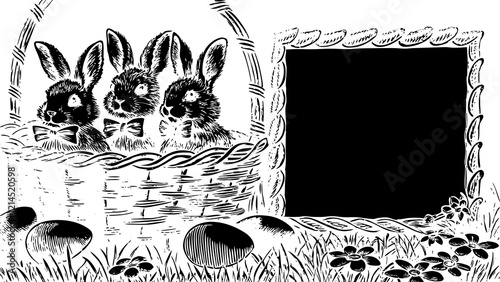 Three Playful Rabbits in Basket with Copy Space for Text