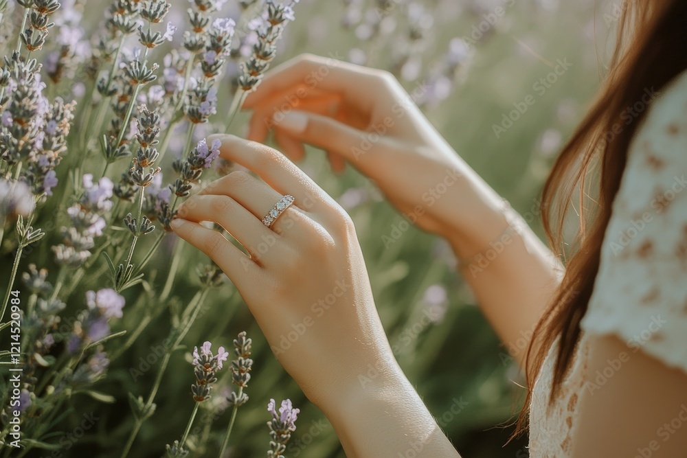 Fototapeta premium Woman's Hands Gently Touching Lavender Flowers in a Field, Wearing a Diamond Ring, Summer Sunlight