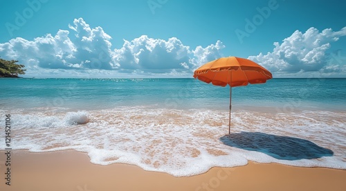 Fototapeta Naklejka Na Ścianę i Meble -  Serene Beach Paradise Orange Umbrella on Tropical Shore