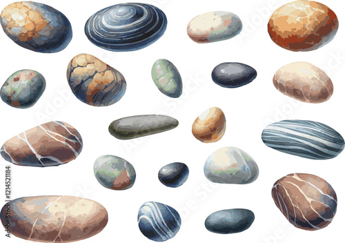 Collection of 20 watercolor painted vector pebbles isolated on white background