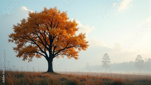 A solitary tree stands in a sea of tall grass, its thick black trunk rising majestically, adorned by spreading branches against a verdant field photo