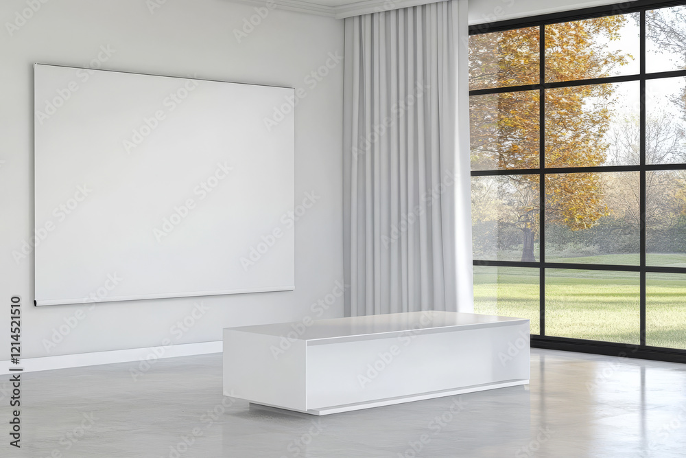 Fototapeta premium Modern interior design with white furniture and large windows overlooking nature