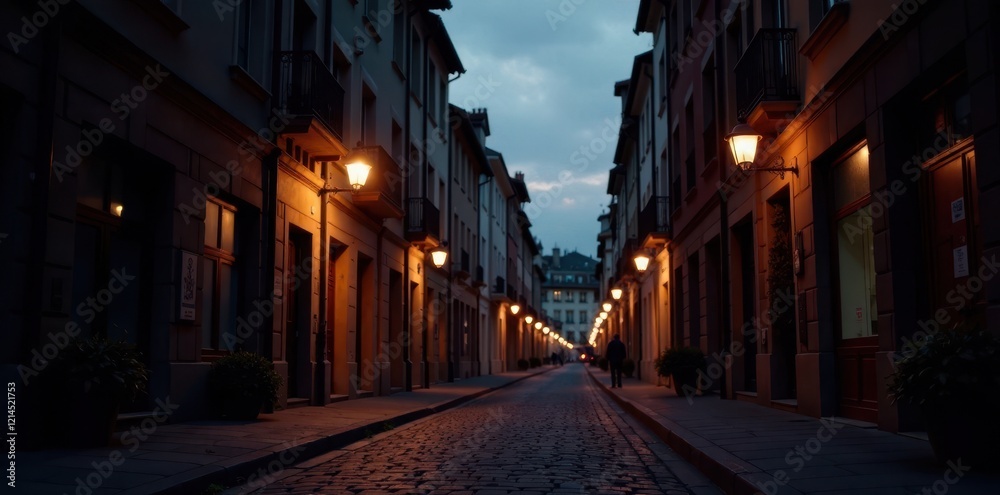 Fototapeta premium Vintage-style camera captures the intricate details of a European street at dusk with colorful streetlights, old street, street art, urban landscape