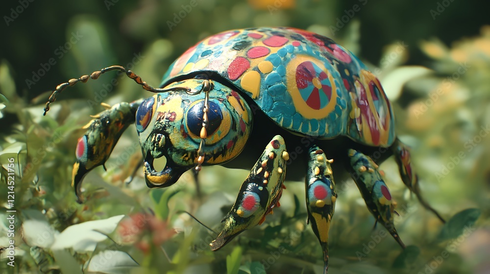 Naklejka premium Colorful Painted Beetle in Lush Green Garden