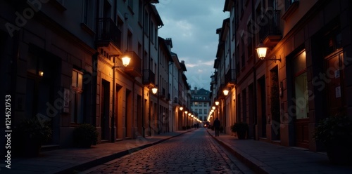 Vintage-style camera captures the intricate details of a European street at dusk with colorful streetlights, old street, street art, urban landscape