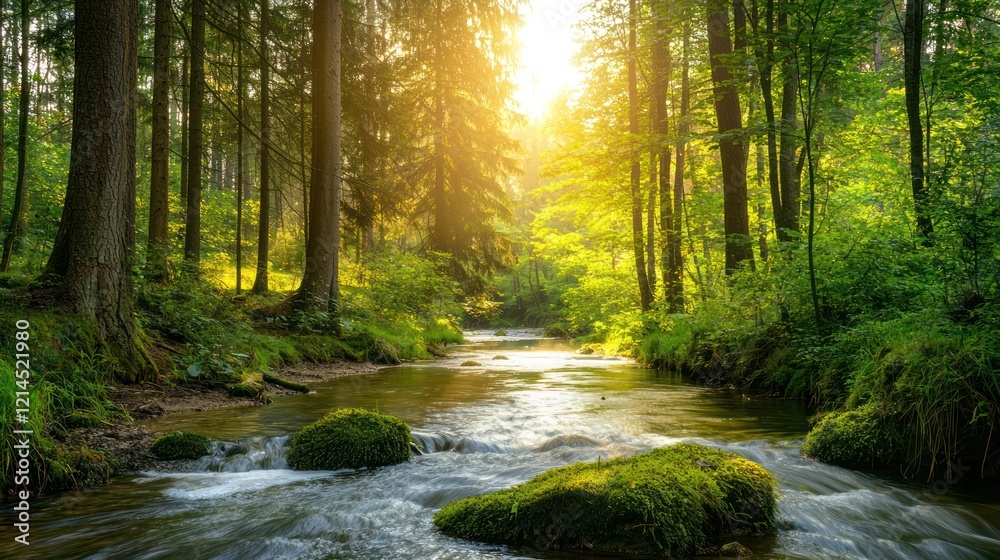 Fototapeta premium A serene forest scene with a calm river flowing through, surrounded by tall trees and soft sunlight filtering