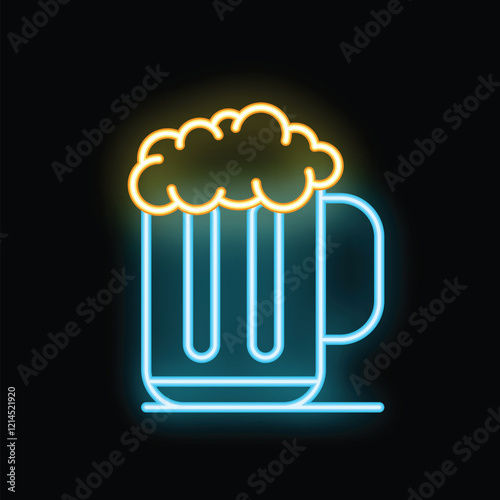 Neon sign illuminating a foamy glass of beer on a black background