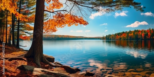 Heavenly Indian Summer at Highland Lake in Bridgton, Maine: A Scenic View of Fall Foliage, Trees and Forest Reflected in Water photo