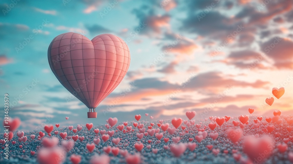 Fototapeta premium Heart-shaped hot air balloon drifting among tiny heart-shaped balloons, pastel sky, paper art and origami theme, romantic Valentine’s Day vector design.