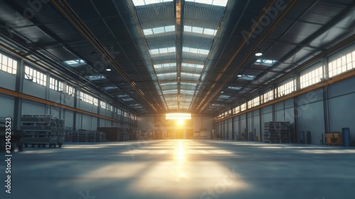 Sunlight is streaming into a large empty warehouse through a loading dock door at sunset, illuminating the concrete floor and metal ceiling photo