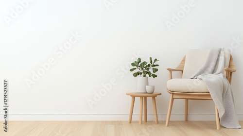 Minimalist living room with wooden chair, cozy blanket, and small side table accompanied by a potted plant against a white wall backdrop.