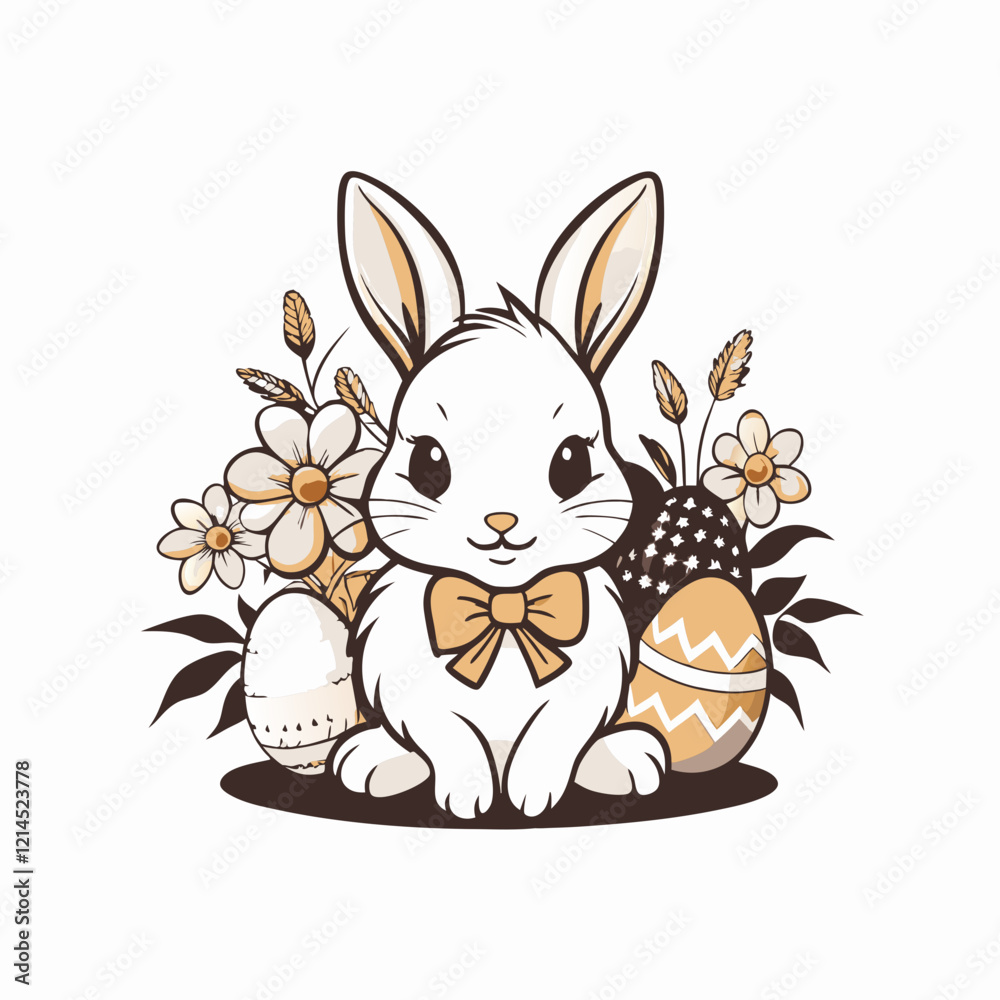 Fototapeta premium Charming White Rabbit with Yellow Bow Tie Among Daisies and Easter Eggs