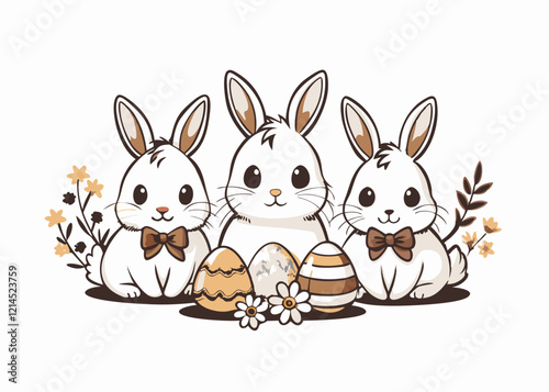 Three Adorable Bunnies with Bow Ties Amid Easter Eggs