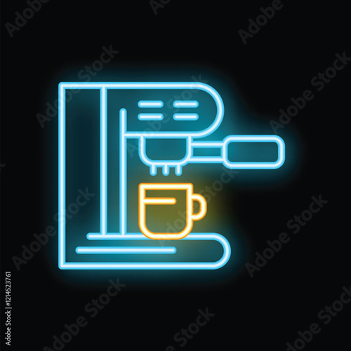 Glowing neon sign of coffee machine with cup on black brick wall background