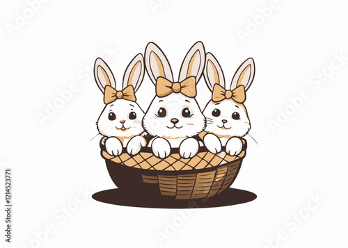 Three Playful White Bunnies in Wicker Basket with Bow Ties