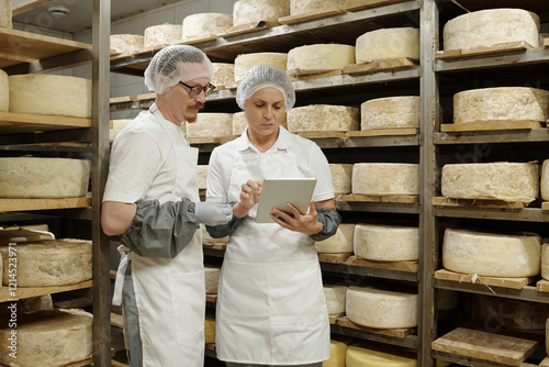 Two workers wearing hairnets and while lab coats inspecting cheese wheels with tablet in storage room. Shelves filled with aging cheese wheels surround individuals