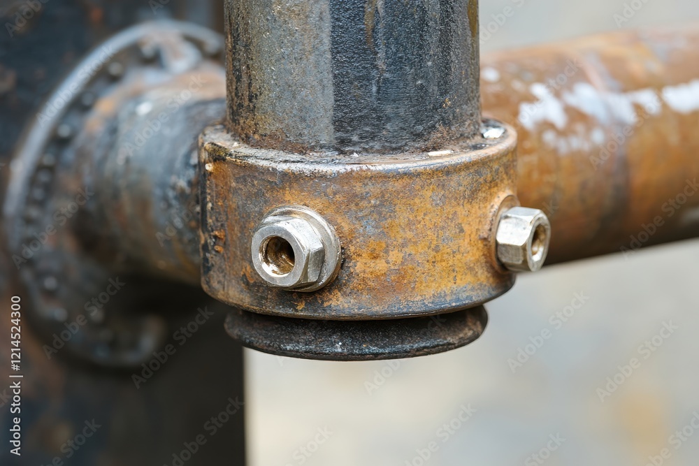 Close-Up View of Rusty Metal Pipe Joint with Detailed Fasteners and Corrosion Patterns in Industrial Environment Close-Up View of Rusty Metal Pipe Joint with Detailed Fasteners and Corrosion Patterns in Industrial Environment