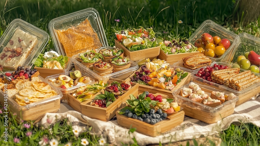 Fototapeta premium Colorful picnic spread with various dishes and fresh fruits on a grassy surface.
