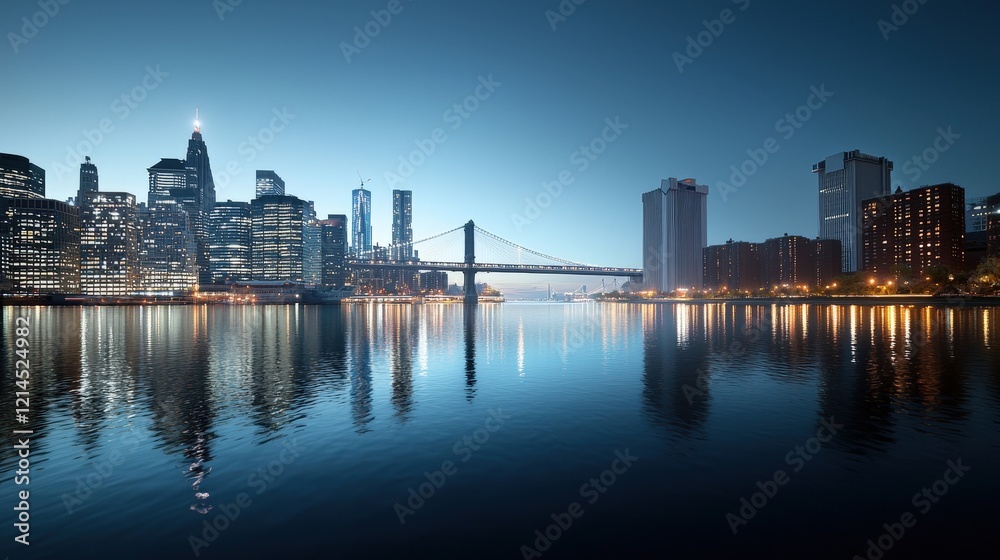 Obraz premium Evening Skyline Reflection Over Calm River Waters