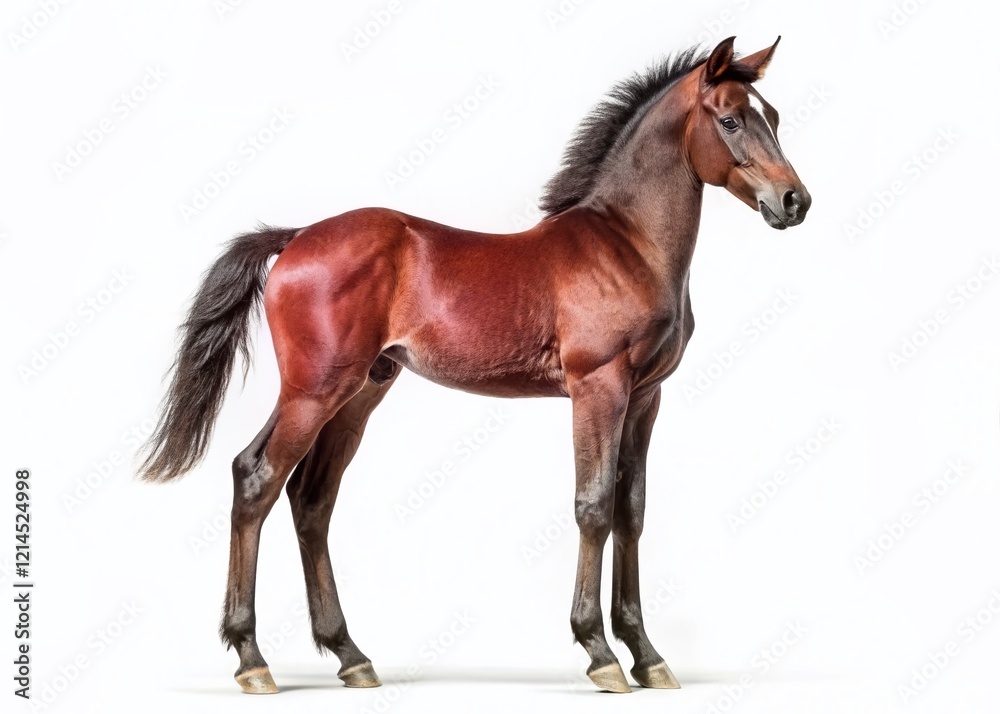 Obraz premium One-Month-Old Dark Brown Andalusian Horse Colt, Side Profile, White Background