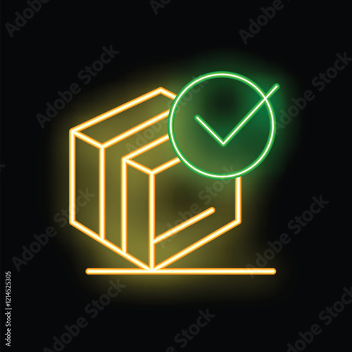 Bright neon green check mark hovering over a yellow delivery box, signaling successful delivery or validation