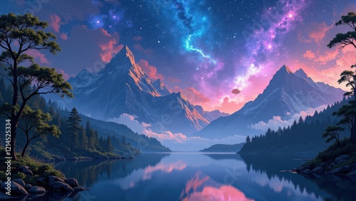 Beneath a star-studded sky adorned with a pink-blue galaxy, a tranquil mountain lake mirrors snowy peaks in an enchanting close-up landscape vista photo