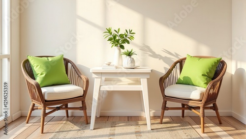 Stylish indoor setting featuring a white wooden table flanked by brown rattan chairs—one adorned with a lime-green pillow atop a white cushion, paired with an elegant white vase centerpiece for a touc photo