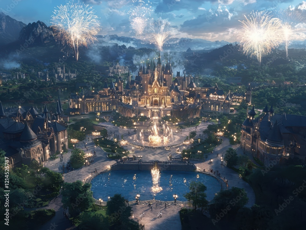 Fototapeta premium Synchronized fireworks display extravagant celebration aerial view enchanted city nighttime captivating musical choreography