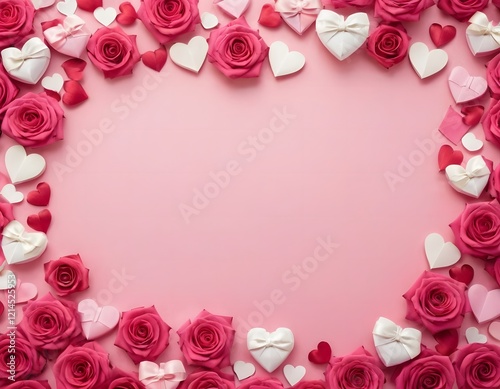 pink background featuring a Valentine's Day theme. Include elements like soft glowing hearts, roses, and romantic motifs such as Cupid's arrows, gift boxes, and love letters. The design should evoke a