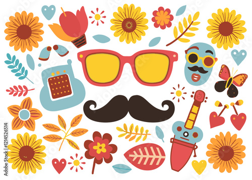 Playful Illustration with Sunglasses, Mustache, and Floral Elements