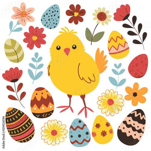 Cute Yellow Easter Chick Surrounded by Colorful Decorated Eggs and Spring Flowers